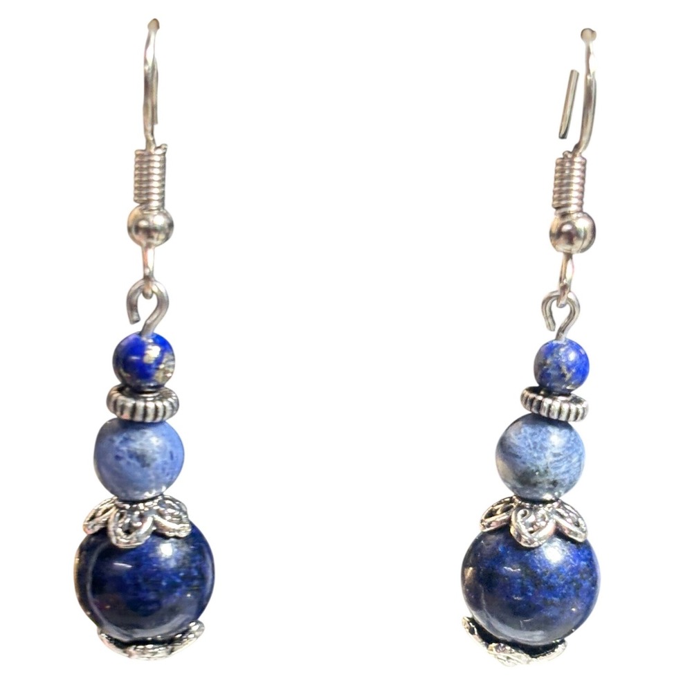 Vintage Blue Lapis Lazuli Sodalite Beaded Silver Tone Drop Dangle Earrings